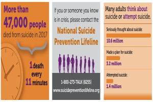 Ein Plakat mit einer Uhr auf der linken Seite und Text auf der rechten Seite, das "Nationalen Selbstmordpräventions-Hotline" und die Anzahl der Suizidtode im Jahr 2017 anzeigt.