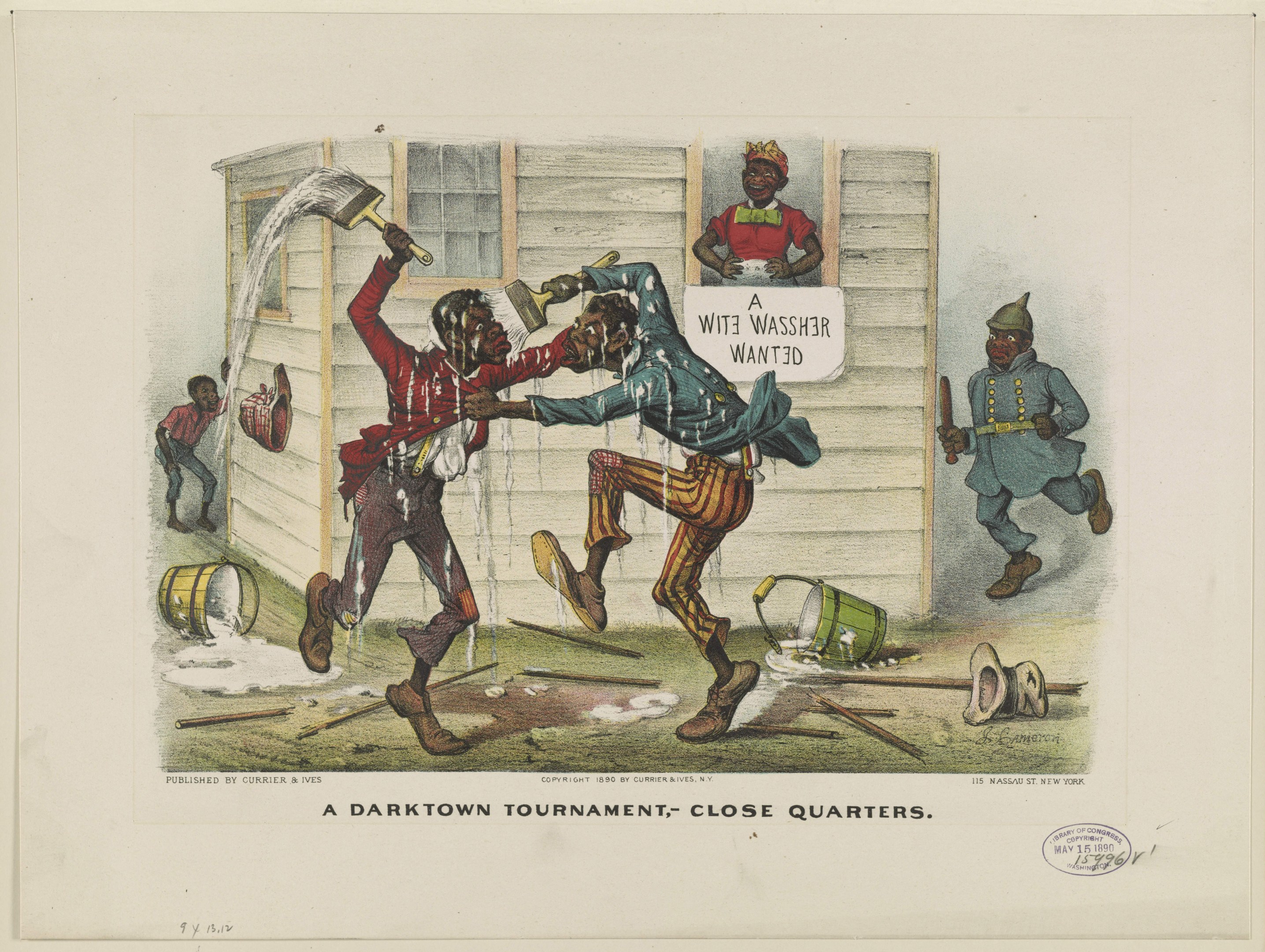 Ein Plakat für ein Darktown-Turnier, das Menschen mit Eimern, St├Âcken und anderen Gegenst├Ąnden zeigt, die über den Boden verstreut sind, begleitet von Text.