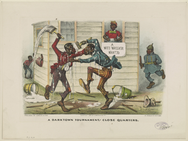 Ein Plakat für ein Darktown-Turnier, das Menschen mit Eimern, St├Âcken und anderen Gegenst├Ąnden zeigt, die über den Boden verstreut sind, begleitet von Text.