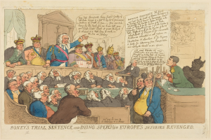 Cartoon-Courtroom-Szene mit einem zentralen stehenden Mann, sitzenden Figuren, einem Tisch mit Gegenständen rechts und Text unten 'Boney's Trial, Sentence, and Dying Speech Europe's Injuries Revenged'
