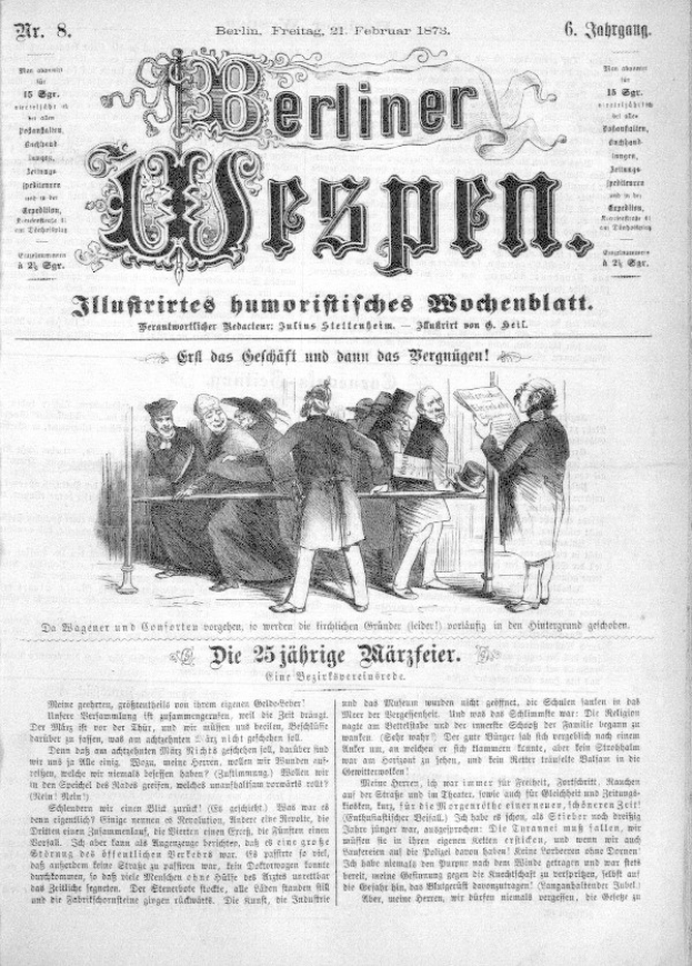 Altes deutsches Zeitungsblatt "Berliner Wespen" vom 21. Februar 1873 mit einer Gruppe von Menschen in traditioneller deutscher Kleidung, die sich unterhalten, mit deutscher Text, der das Ereignis beschreibt.