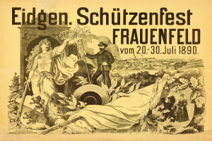 Ein Vintage-Plakat bewirbt das Eidgen Schützenfest in Frauenfeld, Deutschland, mit einem Mann im Anzug und einer Frau in einem Kleid, die nebeneinander stehen, und Details des Ereignisses darauf.