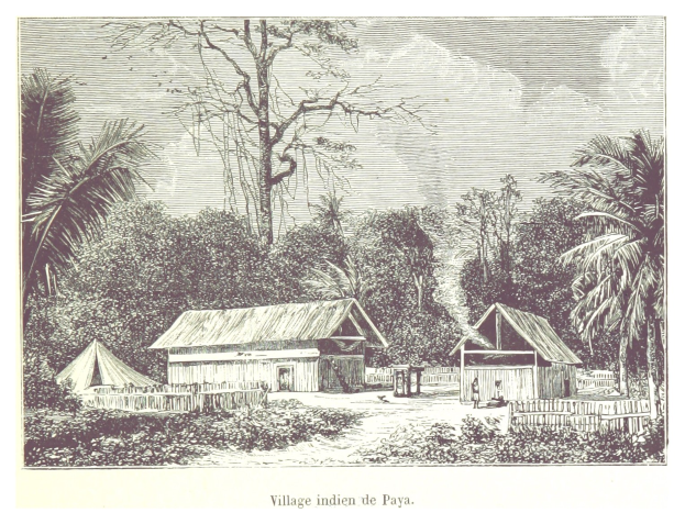 Ein Dorf in der philippinischen Provinz mit Häusern, Bäumen, Pflanzen und Himmel, mit Text unten.