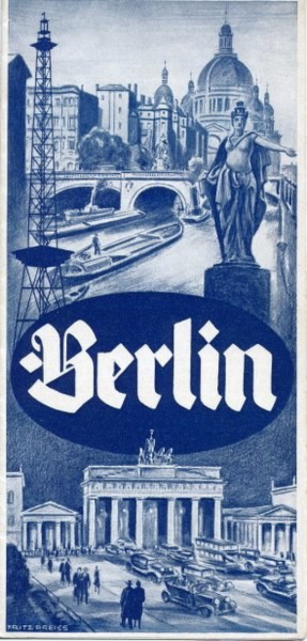Plakat, das Berlin, Deutschland bewirbt und eine Statue, Gebäude, einen Turm, Menschen, Fahrzeuge auf der Straße, eine Brücke und Text mit Stadtinformationen zeigt.