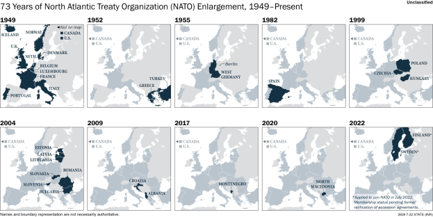 Eine Zeitachsenkarte, die die Erweiterung der NATO von 1949 bis heute zeigt, wobei die Regionen farblich nach dem Jahr der Aufnahme codiert sind.