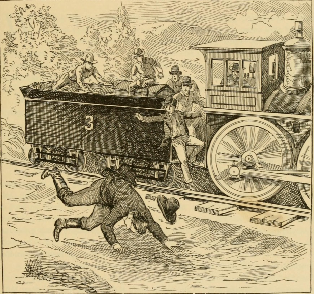 Ein Mann, der von einem fahrenden Zug mit Passagieren an Bord auf einen Bahngleis mit Bäumen im Hintergrund fällt, mit Text unten.