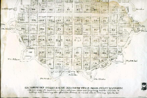 Ein detaillierter alter Stadtplan von Berlin, Deutschland, auf einem schwarzen Hintergrund, der Straßen, Gebäude und Sehenswürdigkeiten zeigt, mit Text, der zusätzliche Informationen bereitstellt.