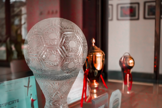 Glastrophäe auf einem Glastisch umgeben von anderen Trophäen und einem Zertifikat, mit gerahmten Gegenständen im Hintergrund an der Wand.