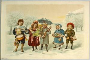 Eine Gruppe von Kindern steht im Schnee, jeder hält einen Schirm, Musikinstrumente und andere Gegenstände in der Hand, mit Bäumen und einem Gebäude im Hintergrund und Text unten im Bild.