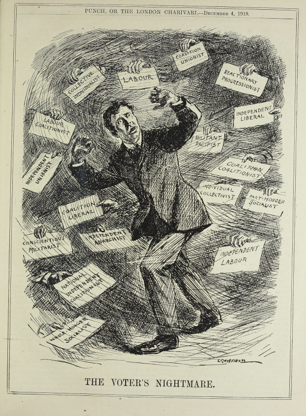 Ein Blatt mit einer Zeichnung eines Mannes in Anzug und Krawatte, der ein Schild hölt, auf dem steht: 'Der Wählers Albtraum'.