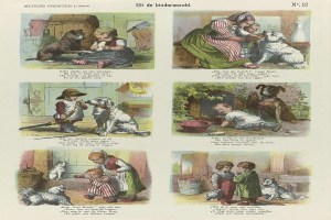 Eine Buchseite mit Kindern in bunter Kleidung, verschiedenen Hunderassen und kursivem Text innerhalb eines verzierten Rahmens.