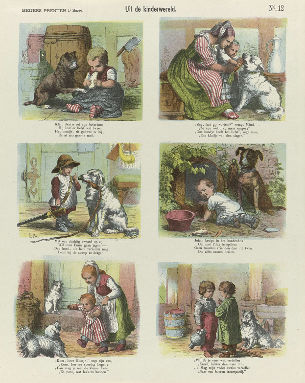 Eine Buchseite mit Kindern in bunter Kleidung, verschiedenen Hunderassen und kursivem Text innerhalb eines verzierten Rahmens.