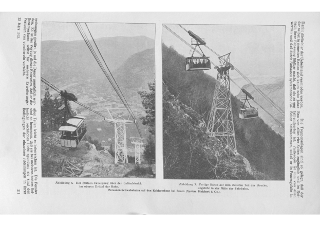 Schwarz-weiß-Foto einer Seilbahn, die einen bewaldeten Berg hinauffährt, mit zwei kleineren Bildern der Seilbahn und begleitendem Text.