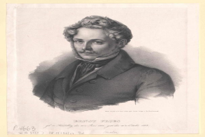 Schwarz-weiß-Porträt von Ernst Frühls, einem deutschen Komponisten und Pianisten, der einen Anzug trägt und einen Schnurrbart hat, begleitet von deutschem Text unten.