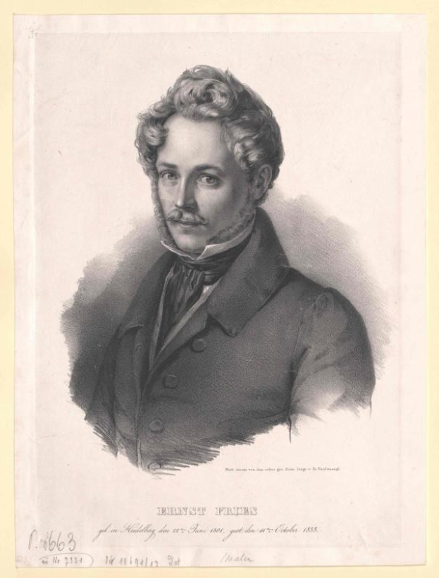 Schwarz-weiß-Porträt von Ernst Frühls, einem deutschen Komponisten und Pianisten, der einen Anzug trägt und einen Schnurrbart hat, begleitet von deutschem Text unten.