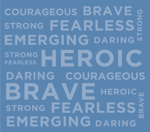 Blauer Hintergrund mit den Wörtern "Tapfer", "Stark", "Furchtlos", "Heldenhaft", "Mutig" und "Tapfer" in weißer Schrift.