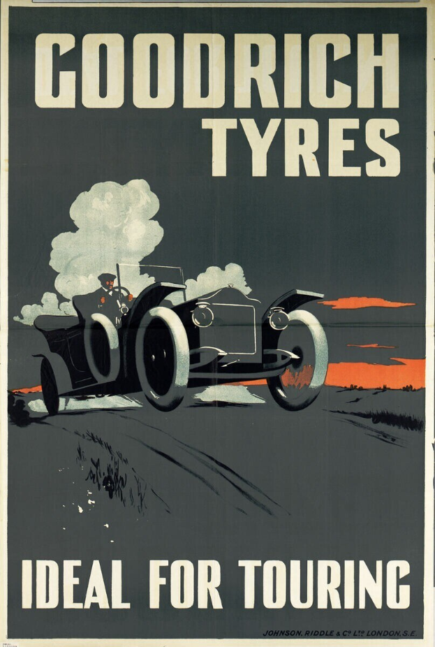 Plakatwerbung Goodrich Reifen, zeigt ein Auto mit einer Person darin und Text mit Unternehmens- und Serviceinformationen.