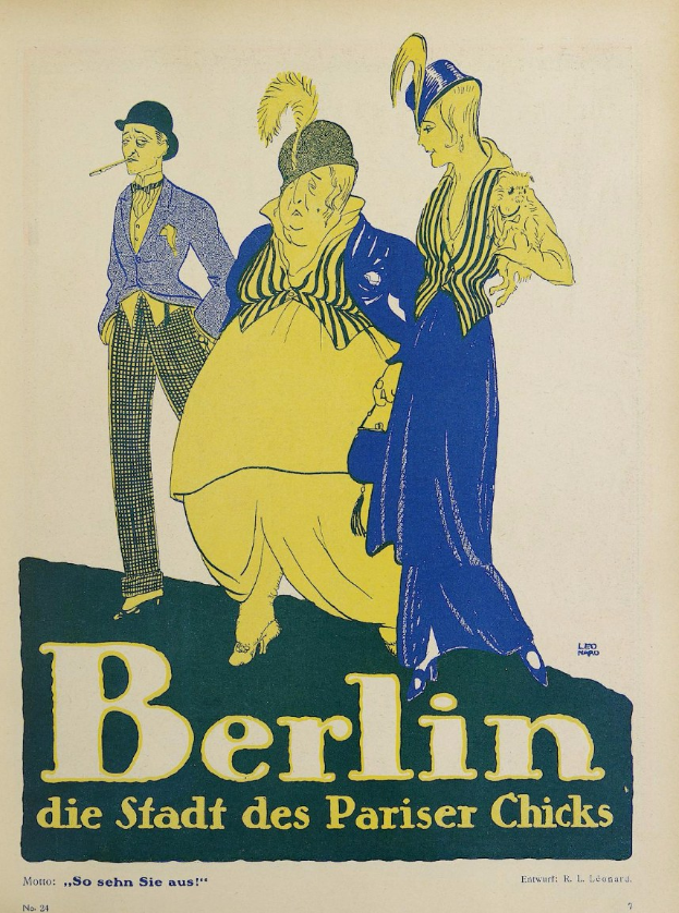 Plakat für ein Konzert in Berlin, Deutschland, das eine Gruppe von Menschen in bunter Kleidung vor einem Gebäude zeigt, mit dem Text "Berlin - Die Stadt der Pariser Chicks" oben.