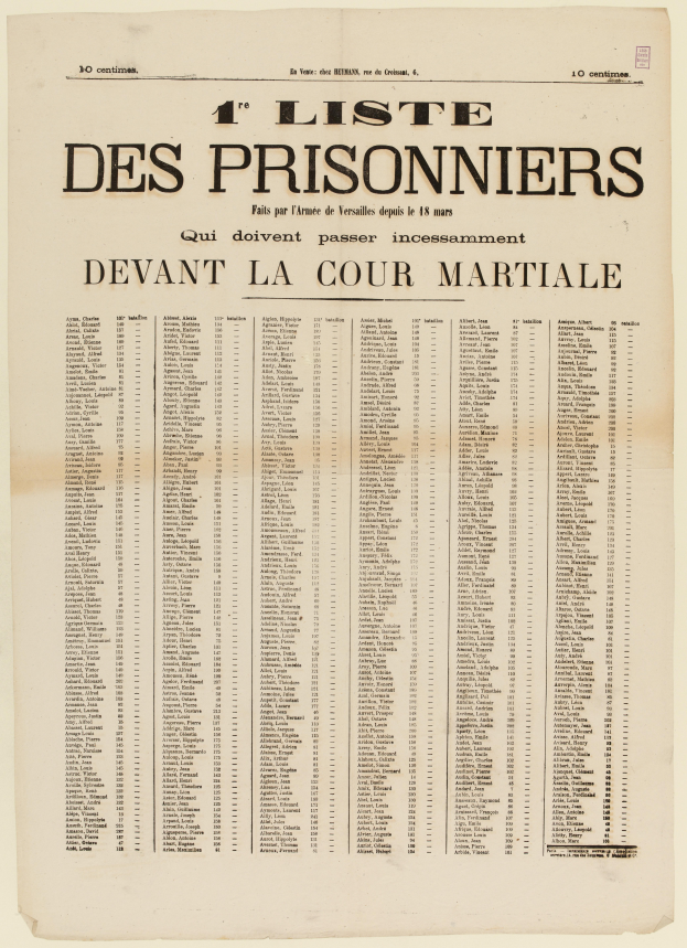 Eine alte, gelbliche Zeitung mit einer Liste von Gefangenen in zwei Spalten, einer für Gefangenennummern und einer für Namen, in schwarzer Tinte gedruckt.