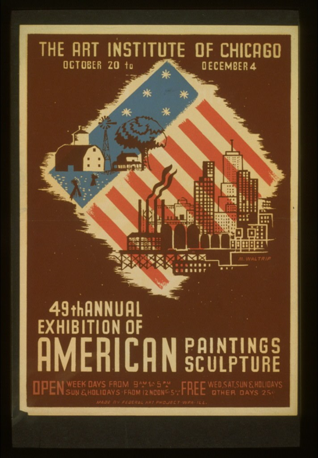 Plakat für die 49. Jahresausstellung amerikanischer Malerei und Skulptur des Art Institute of Chicago mit Texten und Bildern zum Ereignis.