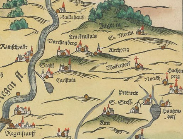 Alte Karte von Köln, Deutschland, zeigt Bäume, kleine Häuser und dekorativen Text.