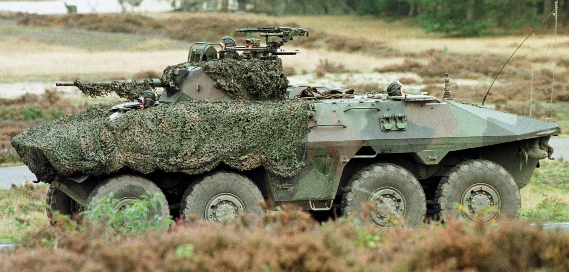 Militärischer Personentransporter mit montierter großer Kanone, der auf einer Straße neben einem Wald fährt.