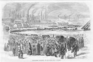 Schwarze und weiße Zeichnung von Menschen, die vor einer Fabrik mit Häusern und Rauch aus Schornsteinen im Hintergrund stehen, mit der Beschriftung "coal-mine disaster in England the final" unten.