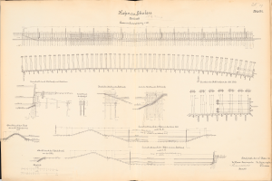Ein aufgeschlagenes Buch mit einer detaillierten Zeichnung einer Bahnlinie, umgeben von Text und anderen Illustrationen, das einen Überblick über das Schienensystem bietet.