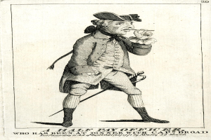 Ein halbe Pay Officer steht auf einem Papier mit Wörtern und Zahlen, hält eine Zigarette in einer Hand und einen Stock in der anderen und trägt eine Mütze.