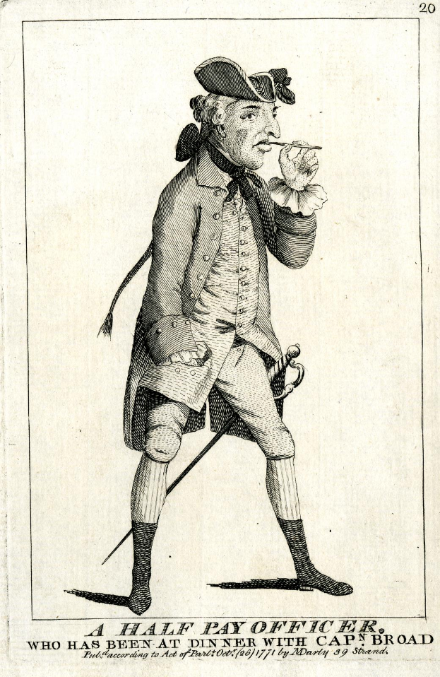 Ein halbe Pay Officer steht auf einem Papier mit Wörtern und Zahlen, hält eine Zigarette in einer Hand und einen Stock in der anderen und trägt eine Mütze.