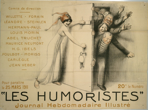 Plakat an einer Gebäudewand mit der Aufschrift 'Les Humoristes Journal Hebdomadaire Illustré' mit einer bunten Illustration lachender Menschen.