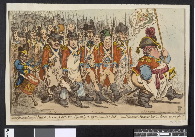 Gruppe von Männern in Militäruniformen marschiert auf einer Straße, einer hält einen Stock in der Hand, mit Text 'Ergänzende Miliz, Ausmarsch für Zwanzig-Tage-Vergnügen' unten.