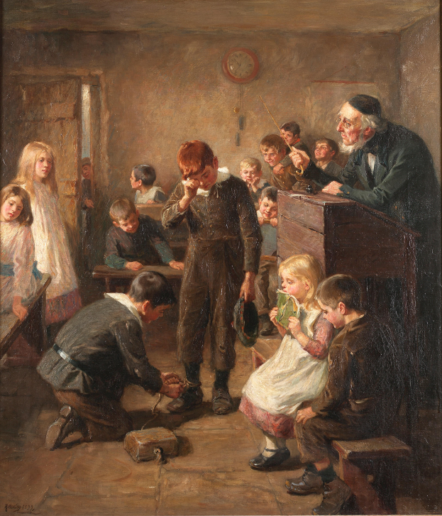 Ein Bild mit dem Titel "Die Schulstunde" von Thomas Eakins, das eine Gruppe von Kindern in einem Klassenzimmer mit einer Person an einem Podium und einer Uhr an der Wand zeigt, mit mehreren Kindern auf Bänken und einigen Menschen im Hintergrund.