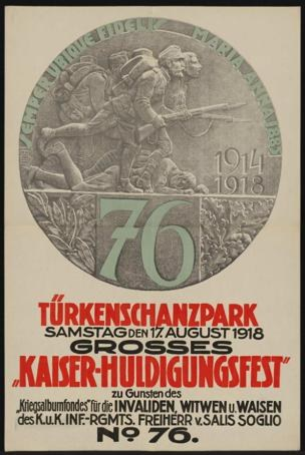 Ein gerahmtes Plakat zum 70-jährigen Jubiläum des Kaiser-Huldigungsfestes in Berlin, Deutschland, zeigt eine Gruppe von Menschen in der Mitte umgeben von Text und Zahlen.