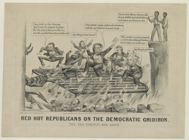 Eine Zeichnung auf Papier zeigt rote Figuren, die als 'Republikaner' bezeichnet werden, auf einem Raster, das als 'demokratisch' bezeichnet wird, mit übertriebenen wütenden Gesichtsausdrücken und erhobenen Armen, begleitet von fettem schwarzem Text.