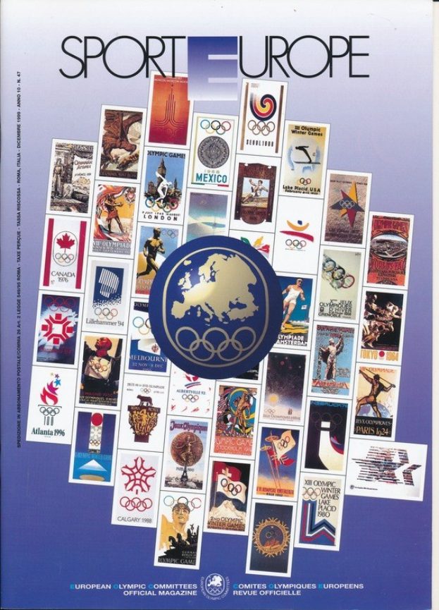 Ein Buchumschlag mit dem Titel "Sporting Europe", der farbenfrohe Bilder und Texte über Olympische Spiele in Europa zeigt, mit fetter weißer Überschrift.
