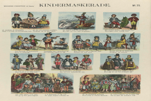 Ein Buch mit farbenfrohen Bildern von Kindern in verschiedenen Kostümen, einschließlich Masken und Hüten, mit begleitendem Text, der wahrscheinlich die Kostüme beschreibt.