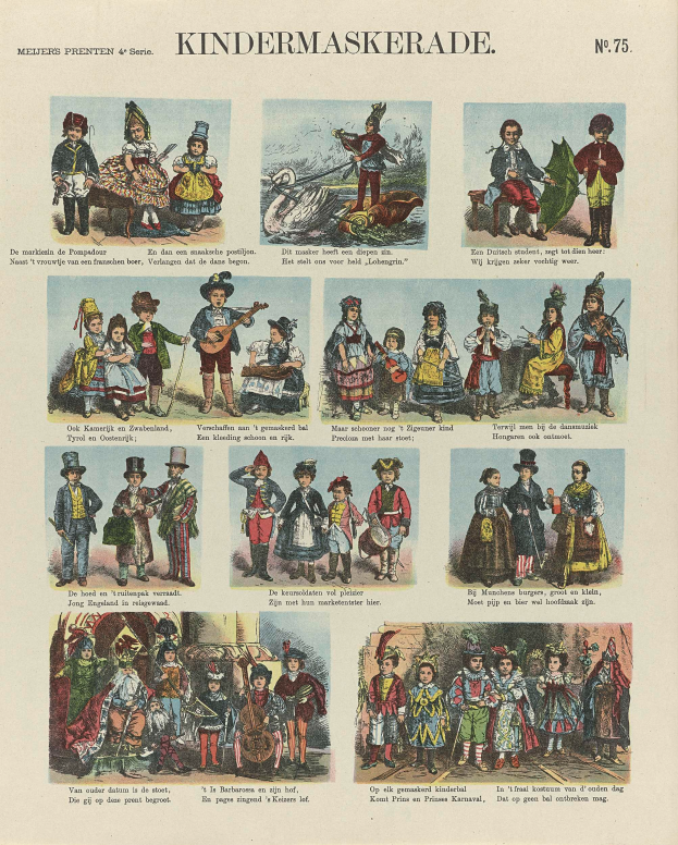 Ein Buch mit farbenfrohen Bildern von Kindern in verschiedenen Kostümen, einschließlich Masken und Hüten, mit begleitendem Text, der wahrscheinlich die Kostüme beschreibt.