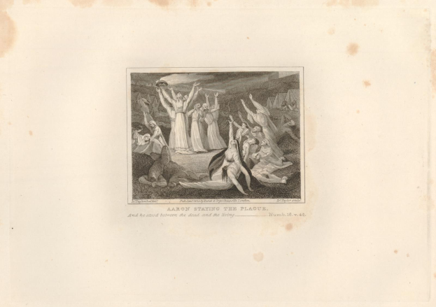 Schwarz-weißer Stich "Aaron Staying the Plague" zeigt verstörte Menschen auf einem Feld unter einem tiefblauen Himmel mit untergehender Sonne.