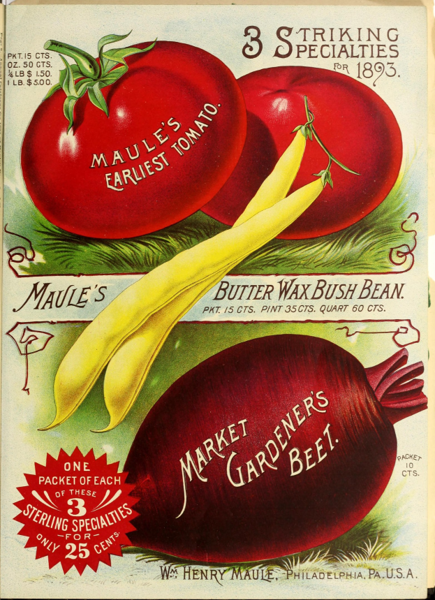 Plakat mit einer Retro-Anordnung buntfarbiger Gemüse wie Tomaten und Rüben, mit der Überschrift "Marktgärtner's Beet" in fetter Schrift auf einem Hintergrund aus gedämpften Blautönen, Grün und Gelb.