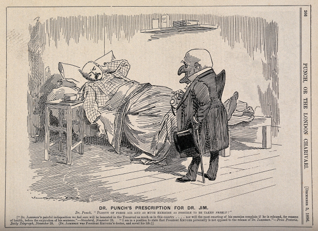 Eine Karikatur eines Mannes im Krankenhausbett mit einer Frau neben ihm, einer Tasse und einem Unterteller auf einem nahen Tisch und verschiedenen Gegenständen an der Wand dahinter; Text unten lautet 'Dr. Punch's Rezept für Dr. Jim'.