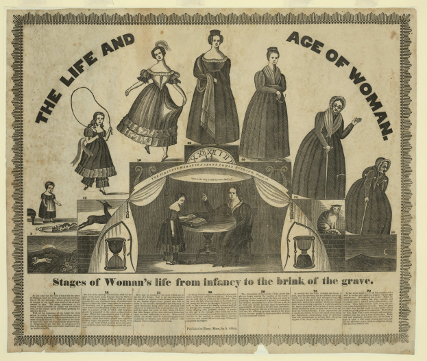 Eine farbenfrohe Papierreproduktion, die die Lebensphasen einer Frau von der Kindheit bis zum Alter zeigt, mit fetter Schrift und detaillierten Elementen.