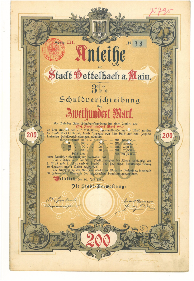 Altes deutsches Aktienzertifikat mit einem Männerporträt und gedrucktem Text sowie numerischen Werten, die die Aktiendetails angeben.