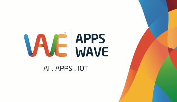 Buntes Design mit dem Text "AI, Apps, IoT" vor einem weißen Hintergrund.