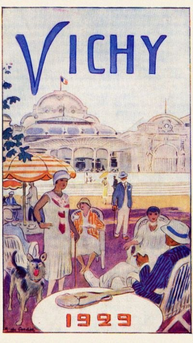 Vintage 1929 Reiseplakat für Vichy, Frankreich, das Menschen, einen Hund, Sitzgelegenheiten, ein Gebäude, eine Flagge und Text zeigt.