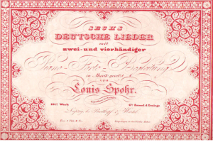 Ein altes deutsches Wertpapier mit rotem Rand und weißem Hintergrund, das den Text "Louis Spohr - Zweites Deutsches Lieder" trägt.