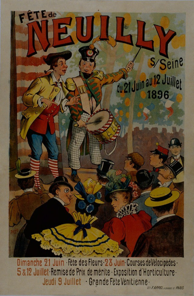Plakat für einen Pariser Karneval mit Menschen in bunten Kostümen und Hüten, einer Person mit einem Musikinstrument und Text, der das Ereignis ankündigt.
