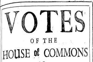 Ein Schwarz-Weiß-Plakat mit der Aufschrift "Stimmen des House of Commons" in fetter Schrift.