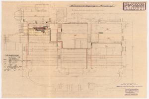 Schwarze und weiße architektonische Zeichnung des Rosenhof-Krankenhauses in Hamburg, Deutschland, die detaillierte Layout mit zahlreichen Drähten und beschriftete Räume, Flure und Merkmale auf altem Papier zeigt.
