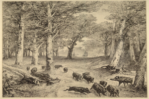 Eine Herde Wildschweine rennt durch einen waldigen Bereich mit hohen, ├╝ppigen B├Ąumen unter einem tiefblauen Himmel, mit Text am unteren Rand des Bildes.